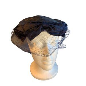 Phyllis Ladies Navy Hat with Satin Bows and Netting Sz 22 Vintage